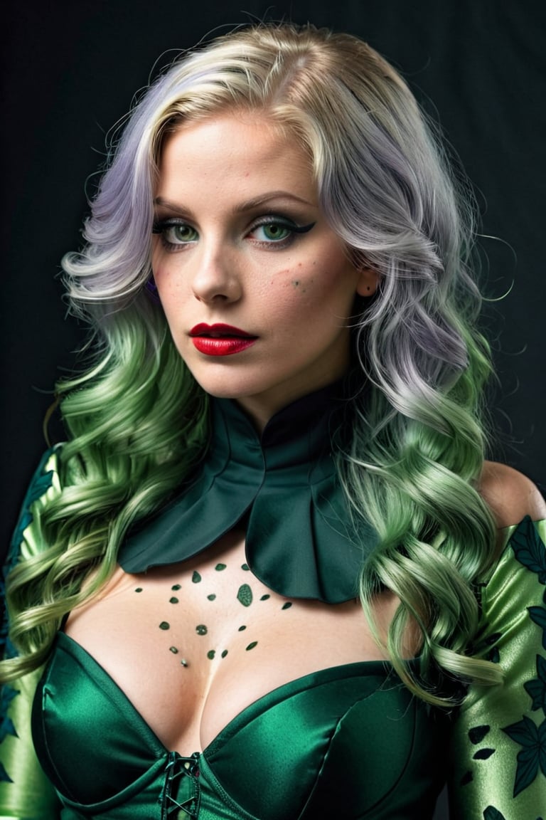 Photorealistic shot of a realistic sensual stunning elegant female, (((38 year old))) european, long silver hair, dark green eyes, ((wearing a dark green costume as Poison Ivy)) - release: 19211110 - ((to cover a fashion magazine)). The (((skin texture is extremely detailed))), ((((showing pores)))), ((slight imperfections)), and natural color variations. The skin is slightly flushed in areas like the cheeks and nose, with subtle veins visible beneath the surface. The lighting is soft and natural, highlighting the smoothness of the skin and creating gentle reflections on areas like the forehead and cheeks. Fine wrinkles and expression lines are visible around the eyes and mouth, giving an authentic and realistic appearance. The skin surface shows a slight natural sheen, with micro-textures like fine vellus hair and small irregularities that add depth and realism. Double exposure, complex art by Alex Stoddar, complex art by Natalia Drepina, complex art by Brooke Shaden. Surreal on a cracked paper, (extremely dynamic), unusual, vintage. 4K. vignette, highly detailed, high budget, bokeh, cinemascope, moody, epic, gorgeous, film grain, grainy, high quality photography, (3 point lighting), flash with softbox, 4k, Canon EOS R3, hdr, smooth, sharp focus, high resolution, award winning action photo, jumping photo, 50mm, wide angle shot, looking_away from the camera, full_length, f2.8, bokeh