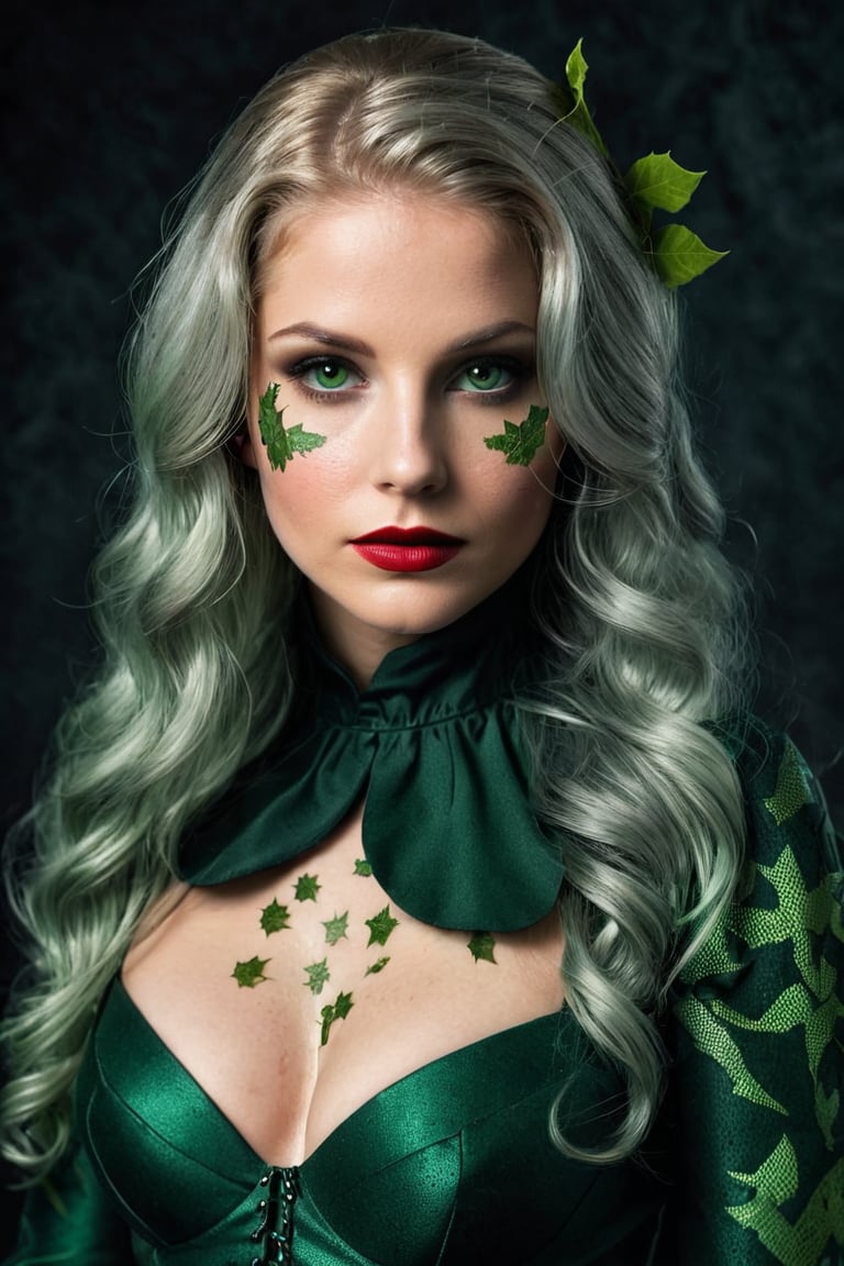 Photorealistic shot of a realistic sensual stunning elegant female, (((32 year old))) european, long silver hair, dark green eyes, ((wearing a dark green costume as Poison Ivy)) - release: 19211110 - ((to cover a fashion magazine)). The (((skin texture is extremely detailed))), ((((showing pores)))), ((slight imperfections)), and natural color variations. The skin is slightly flushed in areas like the cheeks and nose, with subtle veins visible beneath the surface. The lighting is soft and natural, highlighting the smoothness of the skin and creating gentle reflections on areas like the forehead and cheeks. Fine wrinkles and expression lines are visible around the eyes and mouth, giving an authentic and realistic appearance. The skin surface shows a slight natural sheen, with micro-textures like fine vellus hair and small irregularities that add depth and realism. Double exposure, complex art by Alex Stoddar, complex art by Natalia Drepina, complex art by Brooke Shaden. Surreal on a cracked paper, (extremely dynamic), unusual, vintage. 4K. vignette, highly detailed, high budget, bokeh, cinemascope, moody, epic, gorgeous, film grain, grainy, high quality photography, (3 point lighting), flash with softbox, 4k, Canon EOS R3, hdr, smooth, sharp focus, high resolution, award winning action photo, jumping photo, 50mm, wide angle shot, looking_away from the camera, full_length, f2.8, bokeh