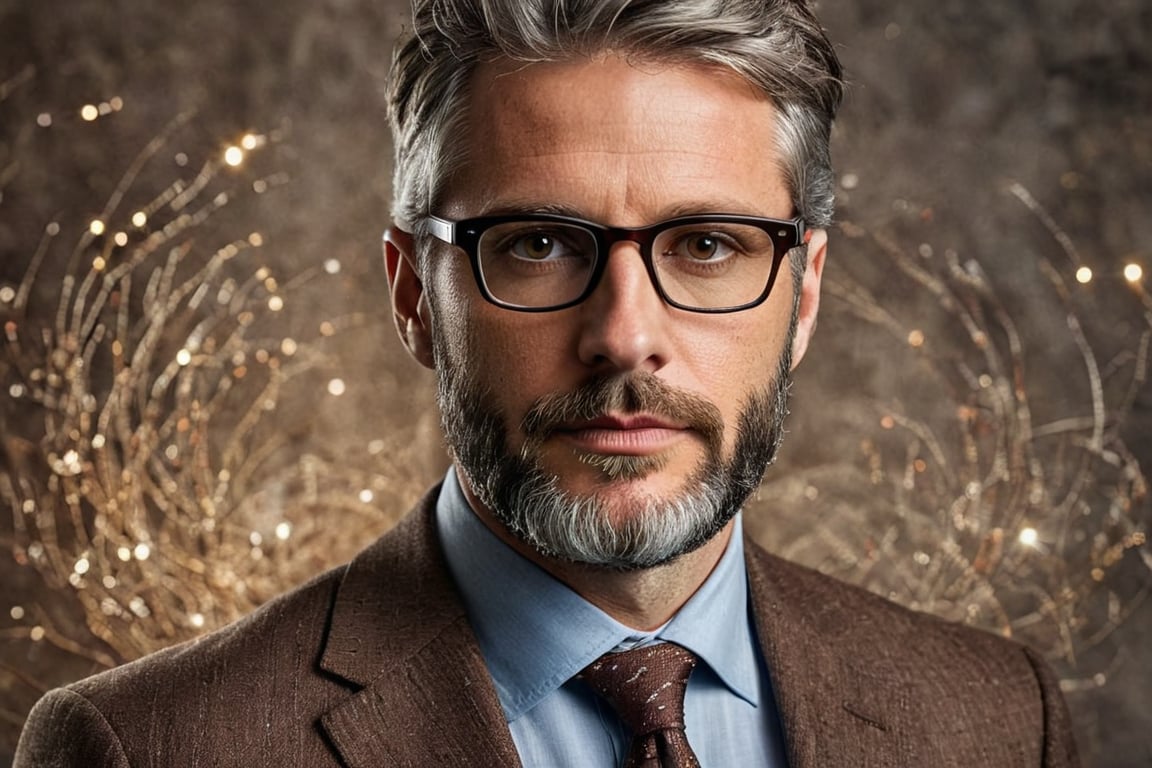 Photorealistic close-up of a realistic elegant beared 38 year old man european in brown suit, a bit streaked with grey hair, brown eyes with glasses, release: 19512991 for unusual Linkedin profile photo. Double exposure, complex art by Alex Stoddar, complex art by Natalia Drepina, complex art by Brooke Shaden. Surreal on a cracked paper, extremely dynamic, unusual, vintage. 4K. vignette, highly detailed, high budget, bokeh, cinemascope, moody, epic, gorgeous, film grain, grainy, high quality photography, 3 point lighting, flash with softbox, 4k, Canon EOS R3, hdr, smooth, sharp focus, high resolution, award winning action photo, jumping photo, 50mm, wide angle shot, looking_away from the camera, full_length, f2.8, bokeh, side_view.