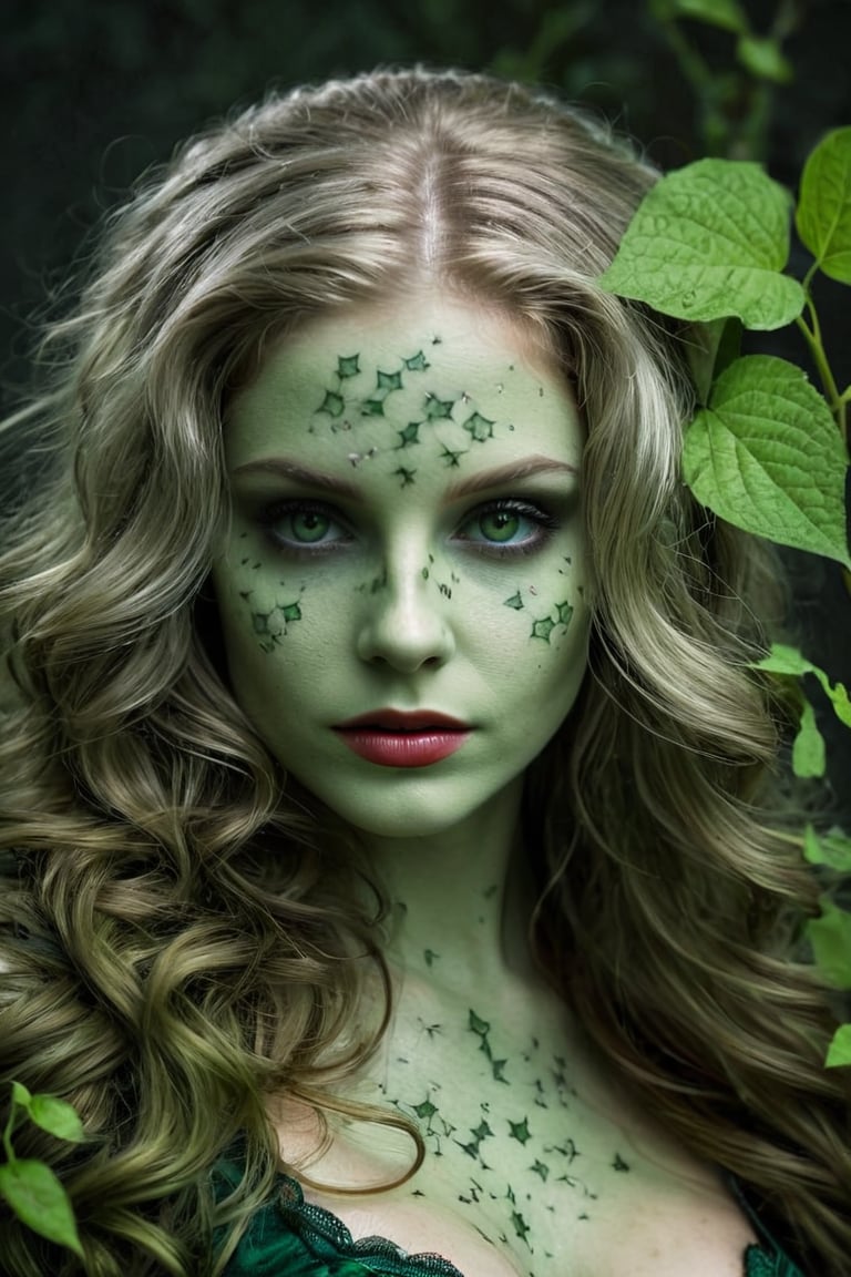 Photorealistic shot of a realistic sensual stunning elegant female, (((33 year old))) european, long silver hair, dark green eyes, ((wearing a dark green costume as Poison Ivy)) - release: 19211380 - ((to cover a fashion magazine)). The (((skin texture is extremely detailed))), ((((showing pores)))), ((slight imperfections)), and natural color variations. The skin is slightly flushed in areas like the cheeks and nose, with subtle veins visible beneath the surface. The lighting is soft and natural, highlighting the smoothness of the skin and creating gentle reflections on areas like the forehead and cheeks. Fine wrinkles and expression lines are visible around the eyes and mouth, giving an authentic and realistic appearance. The skin surface shows a slight natural sheen, with micro-textures like fine vellus hair and small irregularities that add depth and realism. Double exposure, complex art by Alex Stoddar, complex art by Natalia Drepina, complex art by Brooke Shaden. Surreal on a cracked paper, (extremely dynamic), unusual, vintage. 4K. vignette, highly detailed, high budget, bokeh, cinemascope, moody, epic, gorgeous, film grain, grainy, high quality photography, (3 point lighting), flash with softbox, 4k, Canon EOS R3, hdr, smooth, sharp focus, high resolution, award winning action photo, jumping photo, 50mm, wide angle shot, looking_away from the camera, full_length, f2.8, bokeh