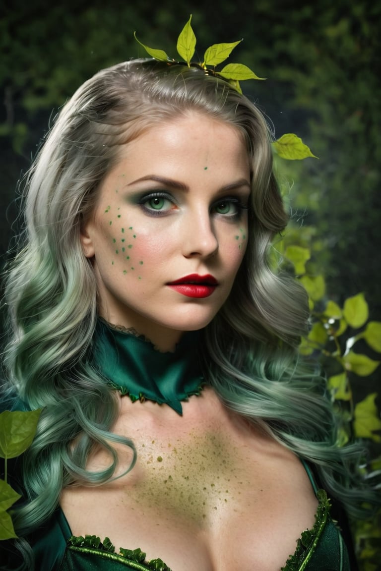 Photorealistic shot of a realistic sensual stunning elegant female, (((38 year old))) european, long silver hair, dark green eyes, ((wearing a dark green costume as Poison Ivy)) - release: 19211110 - ((to cover a fashion magazine)). The (((skin texture is extremely detailed))), ((((showing pores)))), ((slight imperfections)), and natural color variations. The skin is slightly flushed in areas like the cheeks and nose, with subtle veins visible beneath the surface. The lighting is soft and natural, highlighting the smoothness of the skin and creating gentle reflections on areas like the forehead and cheeks. Fine wrinkles and expression lines are visible around the eyes and mouth, giving an authentic and realistic appearance. The skin surface shows a slight natural sheen, with micro-textures like fine vellus hair and small irregularities that add depth and realism. Double exposure, complex art by Alex Stoddar, complex art by Natalia Drepina, complex art by Brooke Shaden. Surreal on a cracked paper, (extremely dynamic), unusual, vintage. 4K. vignette, highly detailed, high budget, bokeh, cinemascope, moody, epic, gorgeous, film grain, grainy, high quality photography, (3 point lighting), flash with softbox, 4k, Canon EOS R3, hdr, smooth, sharp focus, high resolution, award winning action photo, jumping photo, 50mm, wide angle shot, looking_away from the camera, full_length, f2.8, bokeh