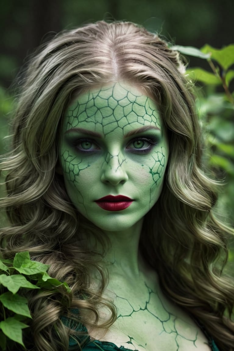 Photorealistic shot of a realistic sensual stunning elegant female, (((33 year old))) european, long silver hair, dark green eyes, ((wearing a dark green costume as Poison Ivy)) - release: 19211480 - ((to cover a fashion magazine)). The (((skin texture is extremely detailed and corpse-like face is totally green))), ((((showing pores)))), ((slight imperfections)), and natural color variations. The skin is slightly flushed in areas like the cheeks and nose, with subtle veins visible beneath the surface. The lighting is soft and natural, highlighting the smoothness of the skin and creating gentle reflections on areas like the forehead and cheeks. Fine wrinkles and expression lines are visible around the eyes and mouth, giving an authentic and realistic appearance. The skin surface shows a slight natural sheen, with micro-textures like fine vellus hair and small irregularities that add depth and realism. Double exposure, complex art by Alex Stoddar, complex art by Natalia Drepina, complex art by Brooke Shaden. Surreal on a cracked paper, (extremely dynamic), unusual, vintage. 4K. vignette, highly detailed, high budget, bokeh, cinemascope, moody, epic, gorgeous, film grain, grainy, high quality photography, (3 point lighting), flash with softbox, 4k, Canon EOS R3, hdr, smooth, sharp focus, high resolution, award winning action photo, jumping photo, 50mm, wide angle shot, looking_away from the camera, full_length, f2.8, bokeh