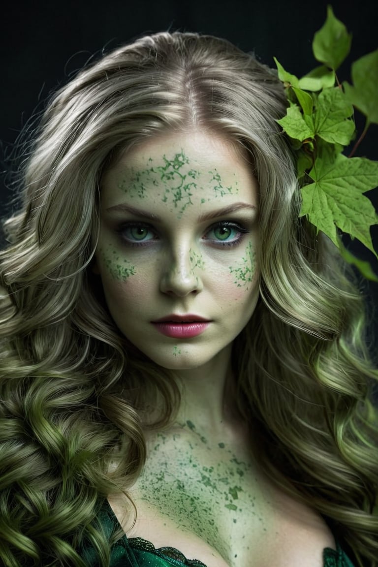 Photorealistic shot of a realistic sensual stunning elegant female, (((33 year old))) european, long silver hair, dark green eyes, ((wearing a dark green costume as Poison Ivy)) - release: 19211380 - ((to cover a fashion magazine)). The (((skin texture is extremely detailed))), ((((showing pores)))), ((slight imperfections)), and natural color variations. The skin is slightly flushed in areas like the cheeks and nose, with subtle veins visible beneath the surface. The lighting is soft and natural, highlighting the smoothness of the skin and creating gentle reflections on areas like the forehead and cheeks. Fine wrinkles and expression lines are visible around the eyes and mouth, giving an authentic and realistic appearance. The skin surface shows a slight natural sheen, with micro-textures like fine vellus hair and small irregularities that add depth and realism. Double exposure, complex art by Alex Stoddar, complex art by Natalia Drepina, complex art by Brooke Shaden. Surreal on a cracked paper, (extremely dynamic), unusual, vintage. 4K. vignette, highly detailed, high budget, bokeh, cinemascope, moody, epic, gorgeous, film grain, grainy, high quality photography, (3 point lighting), flash with softbox, 4k, Canon EOS R3, hdr, smooth, sharp focus, high resolution, award winning action photo, jumping photo, 50mm, wide angle shot, looking_away from the camera, full_length, f2.8, bokeh