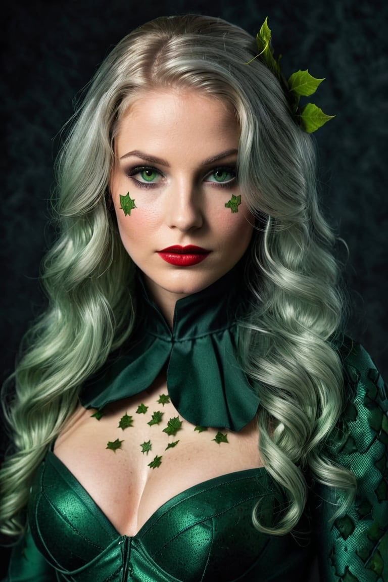 Photorealistic shot of a realistic sensual stunning elegant female, (((32 year old))) european, long silver hair, dark green eyes, ((wearing a dark green costume as Poison Ivy)) - release: 19211110 - ((to cover a fashion magazine)). The (((skin texture is extremely detailed))), ((((showing pores)))), ((slight imperfections)), and natural color variations. The skin is slightly flushed in areas like the cheeks and nose, with subtle veins visible beneath the surface. The lighting is soft and natural, highlighting the smoothness of the skin and creating gentle reflections on areas like the forehead and cheeks. Fine wrinkles and expression lines are visible around the eyes and mouth, giving an authentic and realistic appearance. The skin surface shows a slight natural sheen, with micro-textures like fine vellus hair and small irregularities that add depth and realism. Double exposure, complex art by Alex Stoddar, complex art by Natalia Drepina, complex art by Brooke Shaden. Surreal on a cracked paper, (extremely dynamic), unusual, vintage. 4K. vignette, highly detailed, high budget, bokeh, cinemascope, moody, epic, gorgeous, film grain, grainy, high quality photography, (3 point lighting), flash with softbox, 4k, Canon EOS R3, hdr, smooth, sharp focus, high resolution, award winning action photo, jumping photo, 50mm, wide angle shot, looking_away from the camera, full_length, f2.8, bokeh