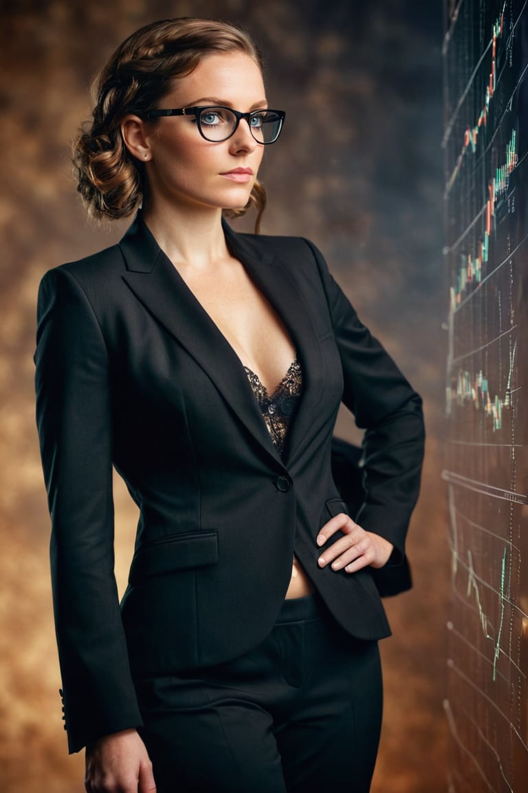 Photorealistic back side shot of a realistic stunning elegant 38 year old woman european in black suit (((looking to the left)), ((((financial charts in the background))), brown eyes with square glasses, release: 19512211 for unusual Linkedin profile photo. Double exposure, complex art by Alex Stoddar, complex art by Natalia Drepina, complex art by Brooke Shaden. Surreal on a cracked paper, extremely dynamic, unusual, vintage. 4K. vignette, highly detailed, high budget, bokeh, cinemascope, moody, epic, gorgeous, film grain, grainy, high quality photography, 3 point lighting, flash with softbox, 4k, Canon EOS R3, hdr, smooth, sharp focus, high resolution, award winning action photo, jumping photo, 50mm, wide angle shot, looking_away from the camera, full_length, f2.8, bokeh, side_view.