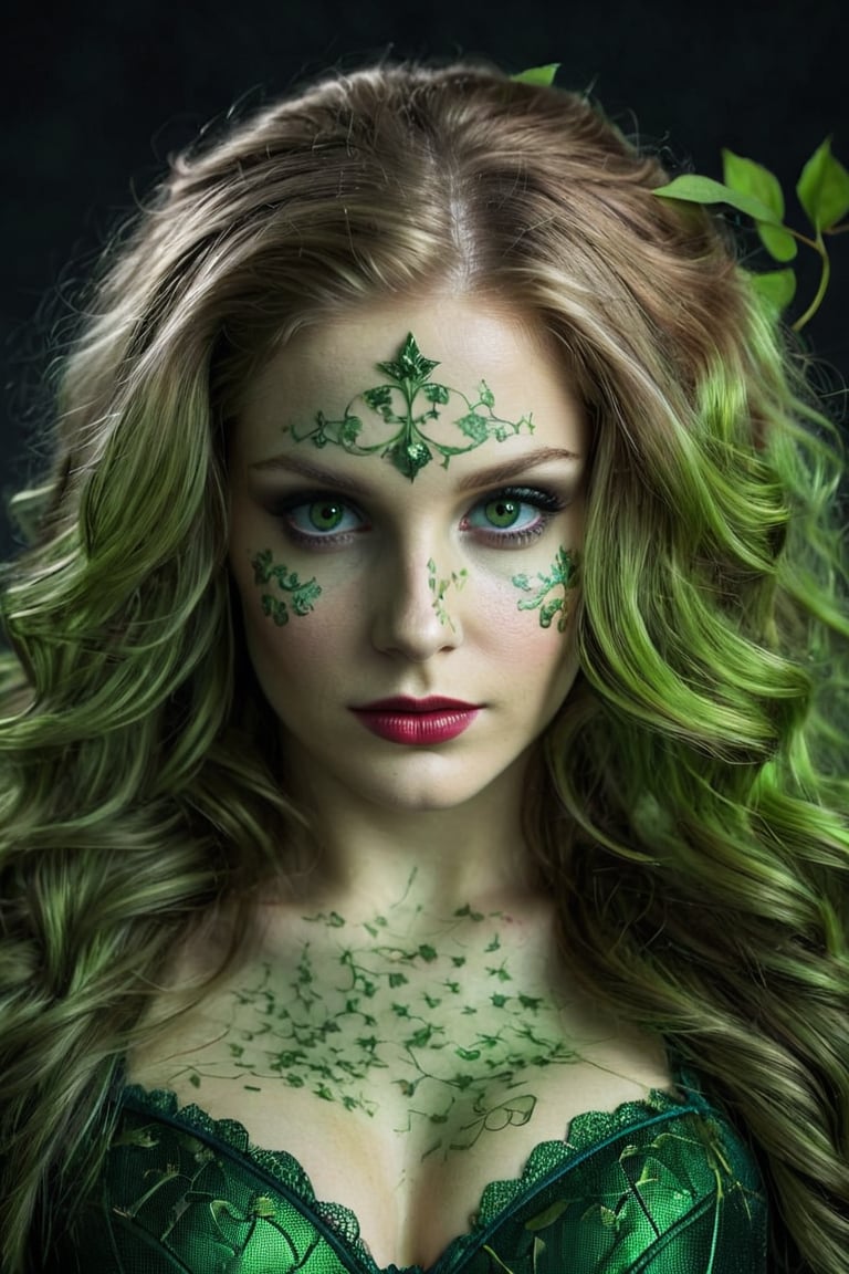 Photorealistic shot of a realistic sensual stunning elegant female, (((33 year old))) european, long silver hair, dark green eyes, ((wearing a dark green costume as Poison Ivy)) - release: 19211480 - ((to cover a fashion magazine)). The (((skin texture is extremely detailed))), ((((showing pores)))), ((slight imperfections)), and natural color variations. The skin is slightly flushed in areas like the cheeks and nose, with subtle veins visible beneath the surface. The lighting is soft and natural, highlighting the smoothness of the skin and creating gentle reflections on areas like the forehead and cheeks. Fine wrinkles and expression lines are visible around the eyes and mouth, giving an authentic and realistic appearance. The skin surface shows a slight natural sheen, with micro-textures like fine vellus hair and small irregularities that add depth and realism. Double exposure, complex art by Alex Stoddar, complex art by Natalia Drepina, complex art by Brooke Shaden. Surreal on a cracked paper, (extremely dynamic), unusual, vintage. 4K. vignette, highly detailed, high budget, bokeh, cinemascope, moody, epic, gorgeous, film grain, grainy, high quality photography, (3 point lighting), flash with softbox, 4k, Canon EOS R3, hdr, smooth, sharp focus, high resolution, award winning action photo, jumping photo, 50mm, wide angle shot, looking_away from the camera, full_length, f2.8, bokeh