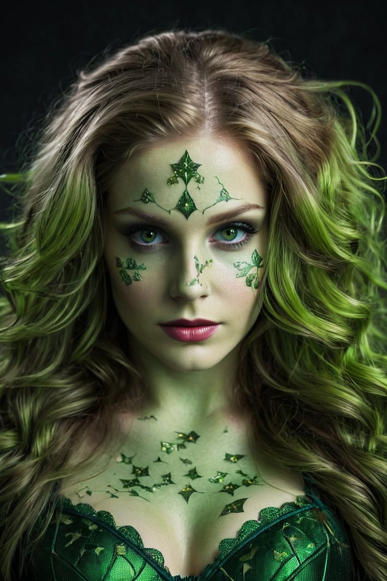 Photorealistic shot of a realistic sensual stunning elegant female, (((33 year old))) european, long silver hair, dark green eyes, ((wearing a dark green costume as Poison Ivy)) - release: 19211480 - ((to cover a fashion magazine)). The (((skin texture is extremely detailed and totally green))), ((((showing pores)))), ((slight imperfections)), and natural color variations. The skin is slightly flushed in areas like the cheeks and nose, with subtle veins visible beneath the surface. The lighting is soft and natural, highlighting the smoothness of the skin and creating gentle reflections on areas like the forehead and cheeks. Fine wrinkles and expression lines are visible around the eyes and mouth, giving an authentic and realistic appearance. The skin surface shows a slight natural sheen, with micro-textures like fine vellus hair and small irregularities that add depth and realism. Double exposure, complex art by Alex Stoddar, complex art by Natalia Drepina, complex art by Brooke Shaden. Surreal on a cracked paper, (extremely dynamic), unusual, vintage. 4K. vignette, highly detailed, high budget, bokeh, cinemascope, moody, epic, gorgeous, film grain, grainy, high quality photography, (3 point lighting), flash with softbox, 4k, Canon EOS R3, hdr, smooth, sharp focus, high resolution, award winning action photo, jumping photo, 50mm, wide angle shot, looking_away from the camera, full_length, f2.8, bokeh