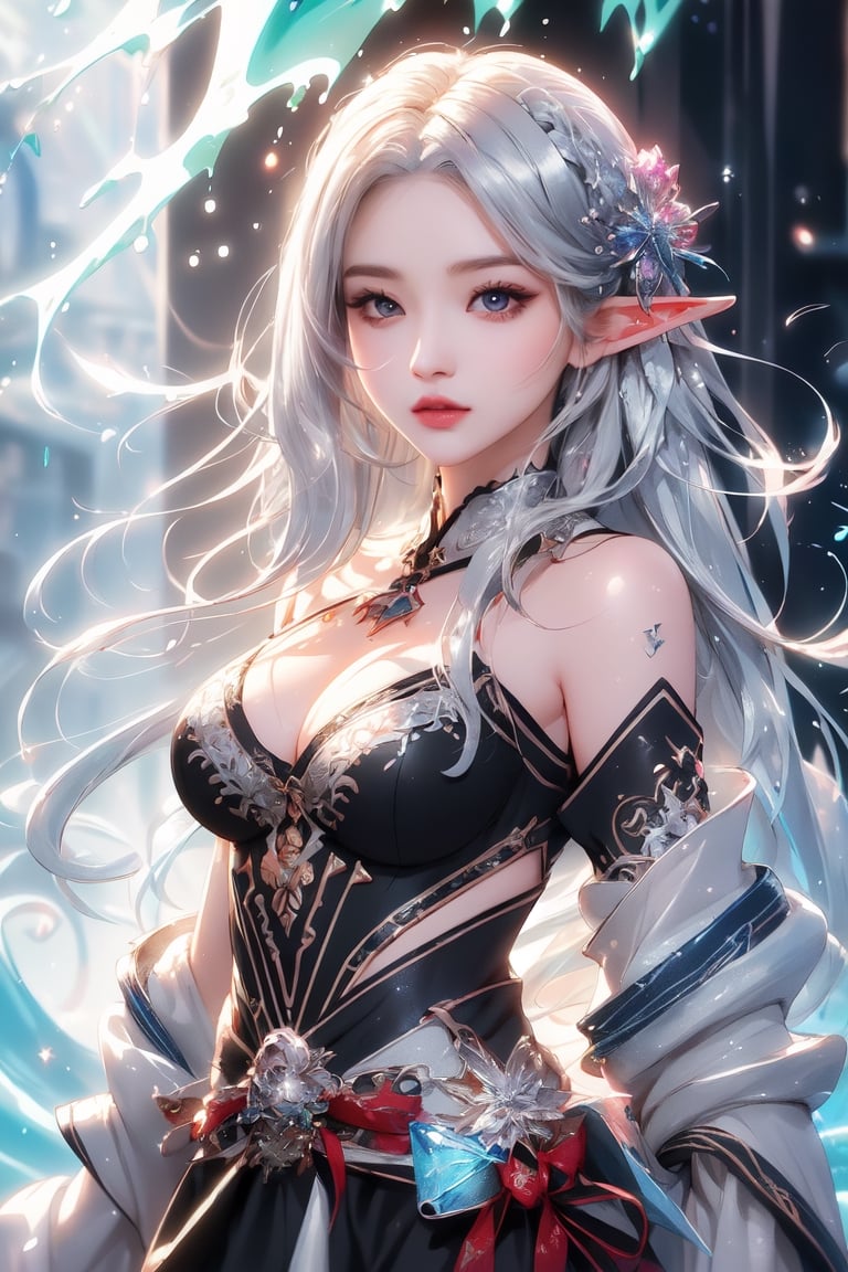 (masterpiece, top quality, best quality, official art, beautiful and aesthetic:1.2), (1girl:1.2),elf, cute, extreme detailed,(silver_hair:1.1), fate \(series\), colorful,highest detailed, fire, ice, lightning, (splash_art:1.2), jewelry:1.4, hanfu, scenery, ink,1 girl,Breasts 