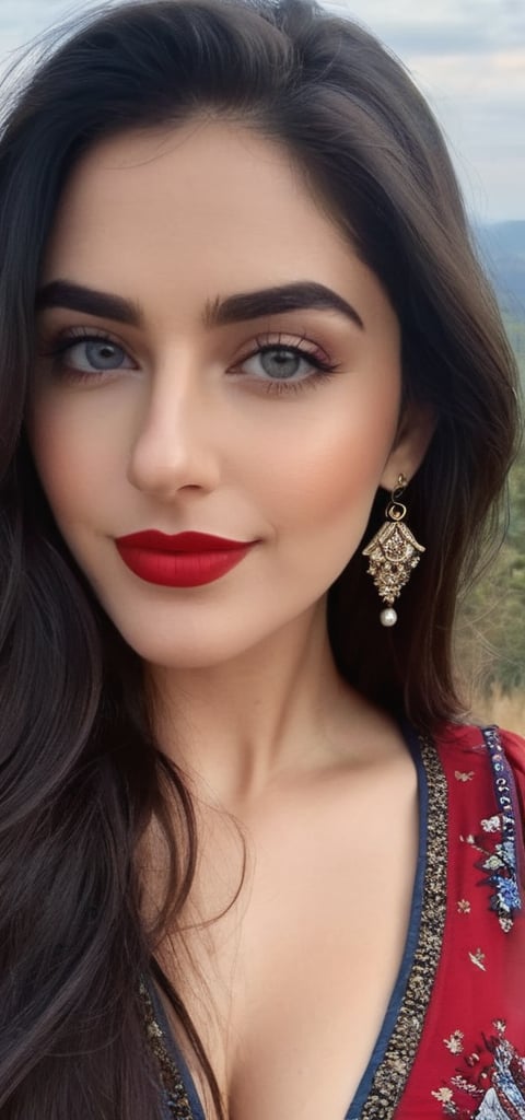 (masterpiece, best quality, ultra-detailed, 8K),high detail, realisitc detailed, a beautiful young mature pakistani women slight fat curvy body with long flowy black hair over shoulders in the dark, weraing a full tight buttoned shirt and jeans standing on hte hill top taking a selfie, blue eyes, pale soft skin, kind smile, glossy lips, a serene and contemplative mood, setting on the top of the mountain, ,red lips,hd makeup,