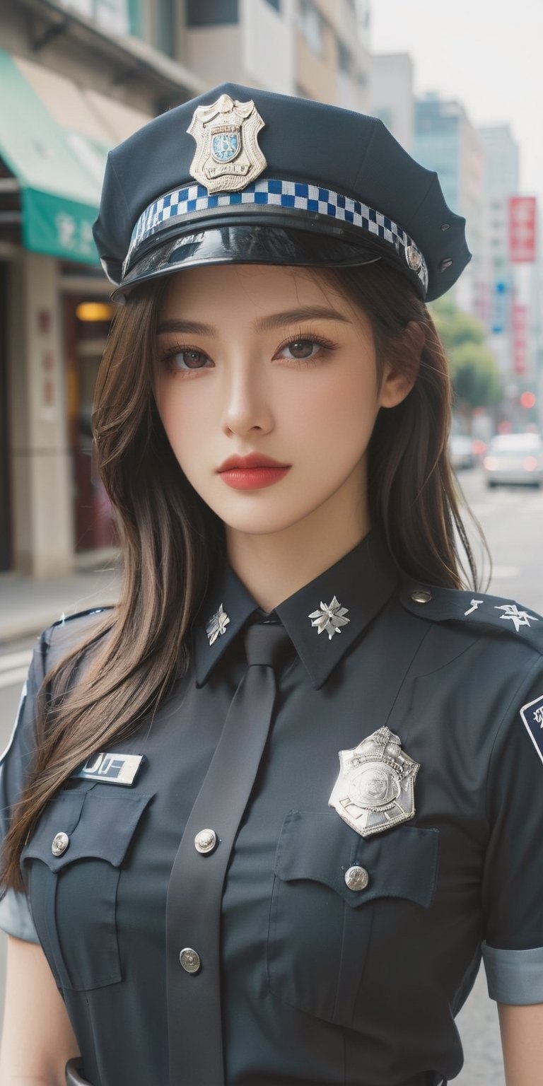 Generate hyper realistic image of a beautiful policewoman with long, flowing blonde hair, captivating brown eyes, and a confident gaze directed at the viewer. Dressed in a realistic police uniform with a prominent belt, her lips express determination and authority. The scene exudes a sense of security and professionalism, capturing the essence of a dedicated law enforcement officer.,hubggirl,taiwan,LinkGirl