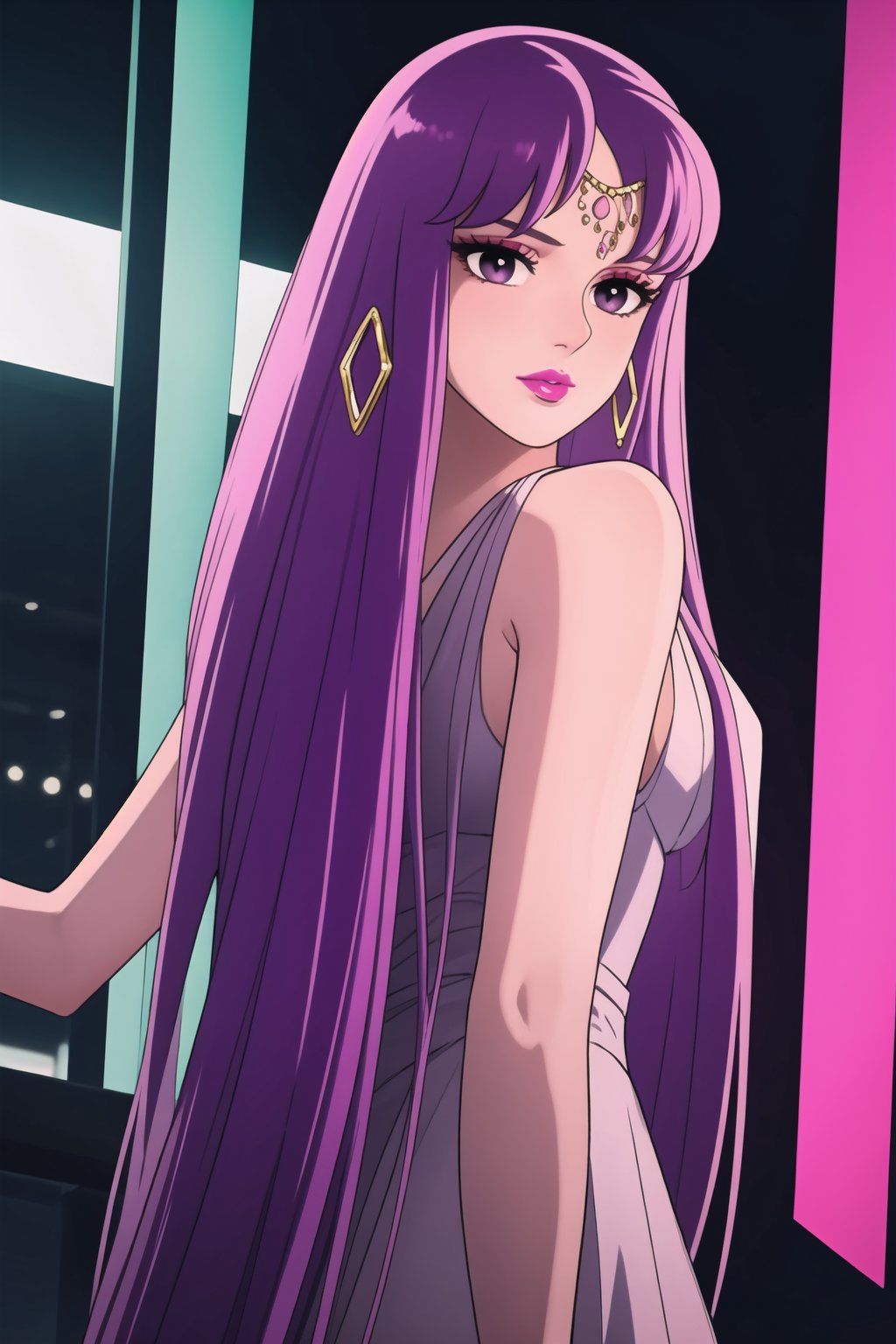 (best quality), (highly detailed), masterpiece, (official art),  ,(Saori,purple hair,long hair):1.2, lips:1.2, makeup:1.2, lipstick:1.2,  makeup, pink eyes, dancing:1.4, dance:1.2, dancer:1.3, posing, Earrings, gem earring:1.2,black_earrings, lips:1.2, black eyes:1.2, ,lips, cowboy shot, large breast, (/nightclub scene, neon lights)), , club, (nigth club), ,hd quality, perfect face ,realistic, realistic body , perfect face sync,night club,,marinette,night club,b1mb0,v3il:1.3, (forehead jewel gem):1.3