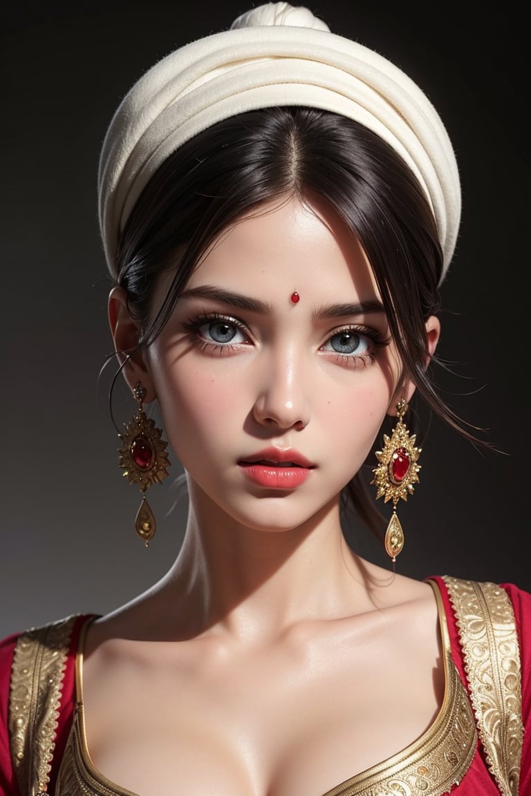 high detail, ,official art, ultra detailed, super detail, best quality, 4K, delicate, (glossy bald head and no hair) the girl has clear and bright eyes, a pious and firm expression, sexy and attractive red lips, and a flawless face (Indian art),