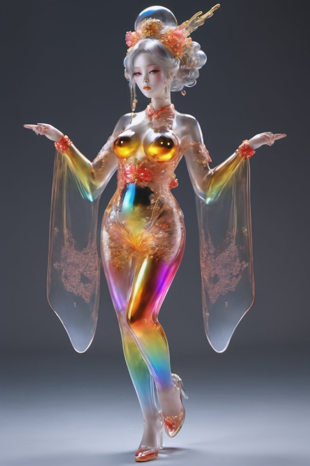 ultra Realistic,Extreme Detailed,beautiful Prism light,stardust,rainbow-colored light,
Glass made ultra Detailed transparent oiran Girl,ultra transparent,wearing luxury high-tech kimono,walk,
dancing oiran 