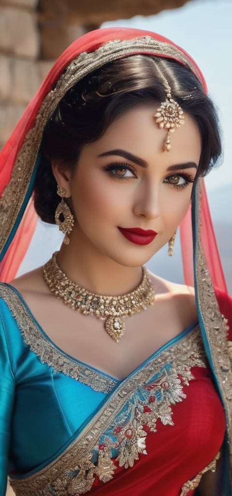 (masterpiece, best quality, ultra-detailed, 8K),high detail, realisitc detailed, a beautiful young mature arabic women slight fat curvy body with long flowy black hair over shoulders in the dark, weraing a full tight saree dress outfit , setting on the top of the mountain,pose like a pinup models,blue eyes, pale soft skin, kind smile, glossy lips, a serene and contemplative mood, , ,red lips,hd makeup,Indian,xyzsanbridaldress,bridal dress,dakota_skye,angelawhite,photo real,photorealistic,512k,Hyper Realistic photo ,realistic ,Veil