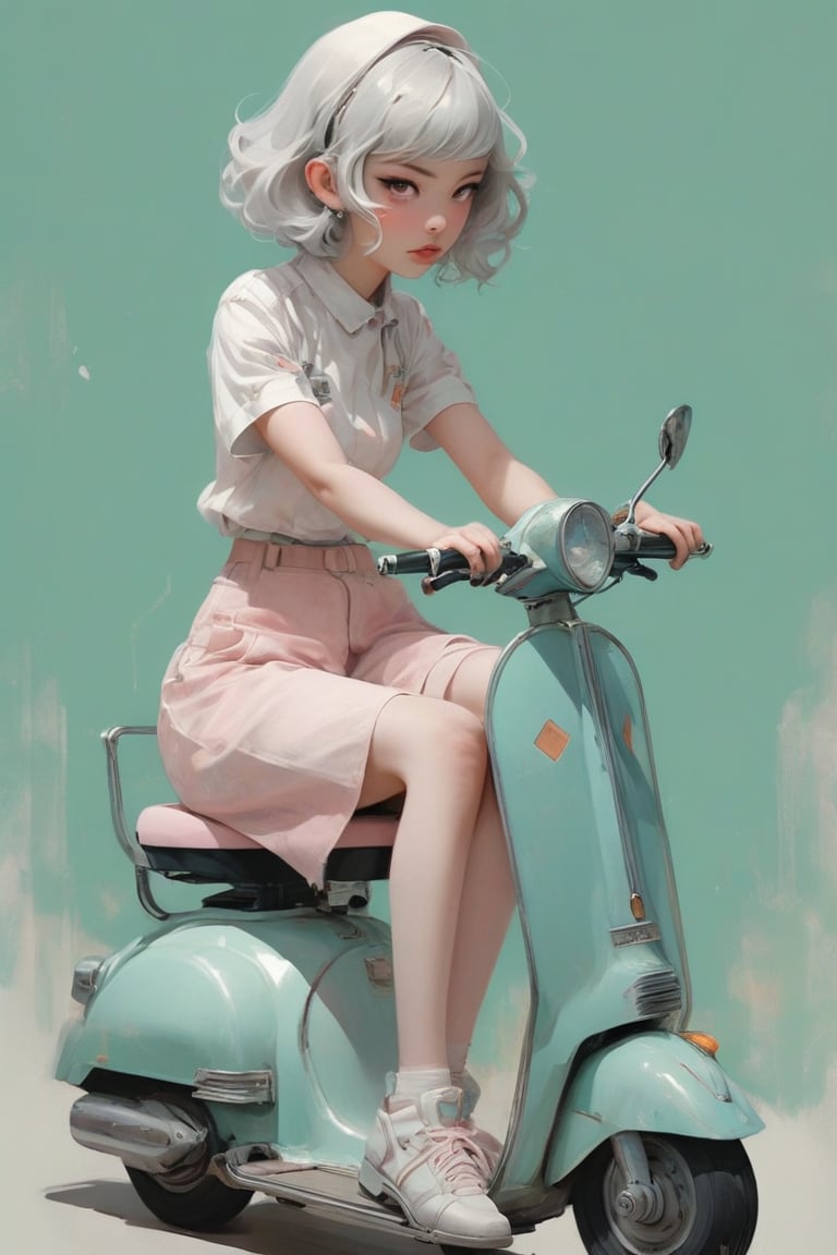 (by Loish, Leyendecker), anime girl, retro, sitting on a (silver scooter), SamYangstyle, soft, super cute face, soft colors, blush, dreamy, more detail XL, 