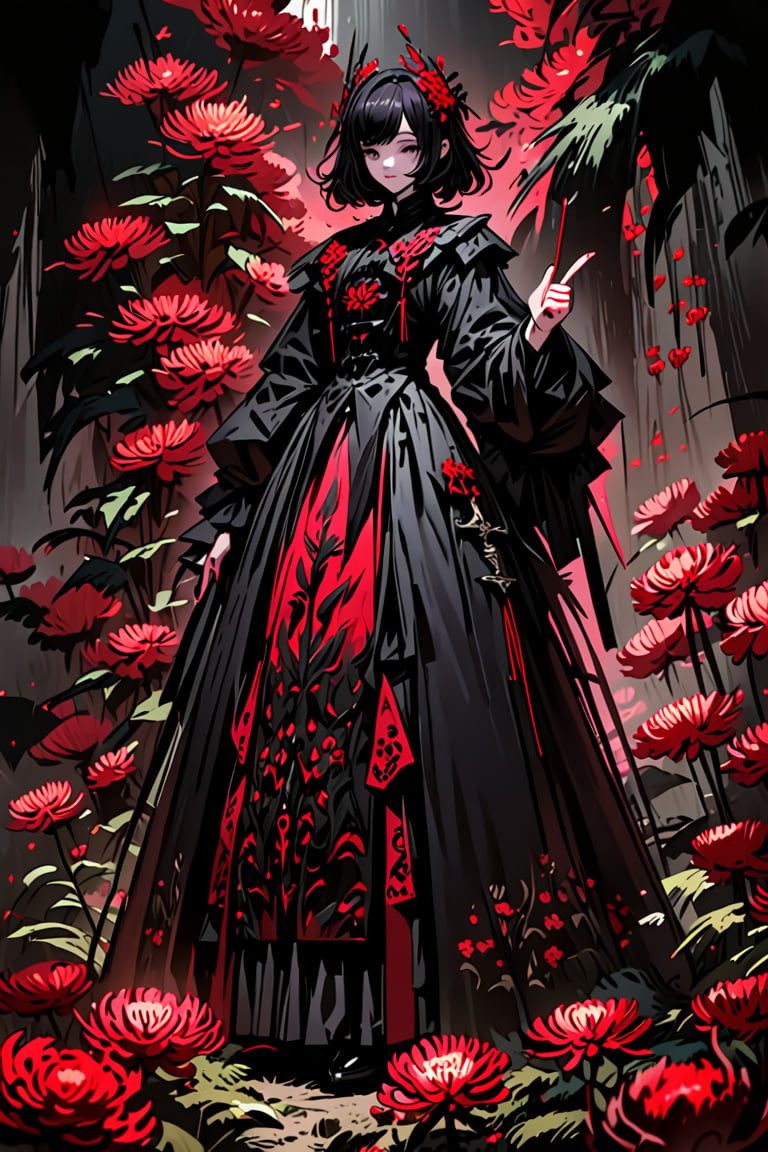 (ethereal dark fairy tale by Nicola Samori, JC Leyendecker), young anime girl standing the ground in a dark forest holding a bloody katana with the tip pointing up, dark red kimono, chrysanthemum floral décoration, (dark + gothic, + foreboding background:1.4), more detail XL