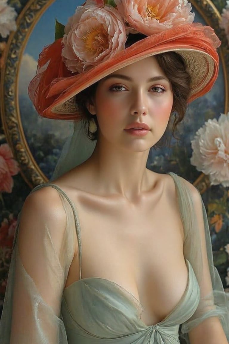 Transport yourself to a bygone era with this exquisite prompt. Imagine a beautiful lady, elegantly posed in a garden, wearing a large floral hat that adds a touch of whimsy to the scene. The fine art painting captures every detail of her attire and surroundings, bringing the 1900s to life in vivid color and style.