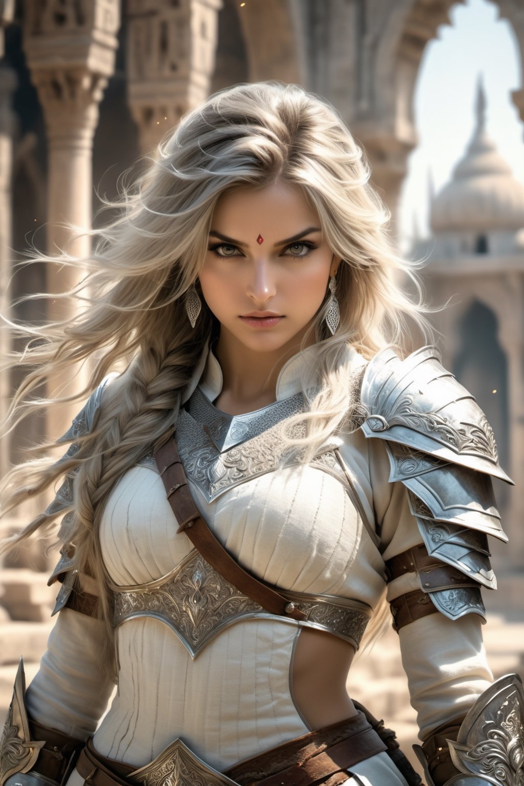 Indian style, fantasy, solo, cute girl, knight outfit, white & silver long hair, battle, faithing, enemy, ruins, holding long sword, (masterpiece), (best quality), (ultra-detailed), (an extremely delicate and beautiful), ((textile shading)), (caustics), (((sharp focus))), big breast 