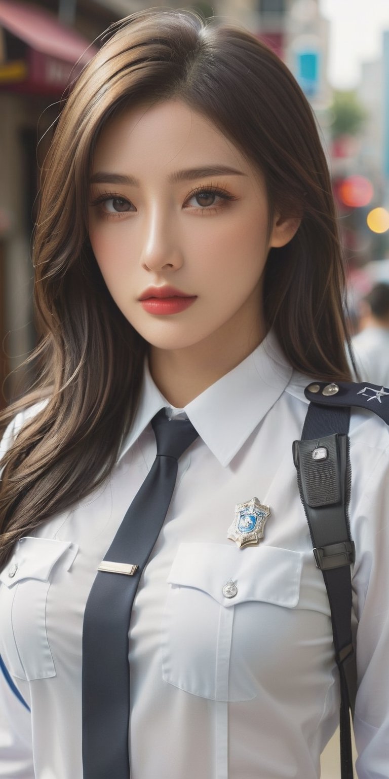 Generate hyper realistic image of a beautiful policewoman with long, flowing blonde hair, captivating brown eyes, and a confident gaze directed at the viewer. Dressed in a realistic police uniform with a prominent belt, her lips express determination and authority. The scene exudes a sense of security and professionalism, capturing the essence of a dedicated law enforcement officer.,hubggirl,taiwan,LinkGirl