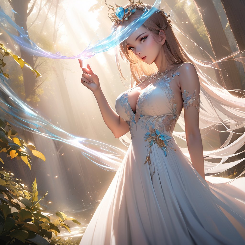 a beautiful young girl, elegantly dressed in a whimsical, ice-inspired gown that highlights her natural beauty, big breast. Her eyes sparkle with curiosity, focused on something beyond the viewer's sight. The delicate floral details and flowing train of her gown are intricately portrayed through soft brushstrokes, evoking a dreamy and otherworldly atmosphere. The background features a blend of cool colors, with winter light filtering through the trees, casting a magical aura over the entire scene. Realistic, best view, photography in a unique way, Big_Boobs