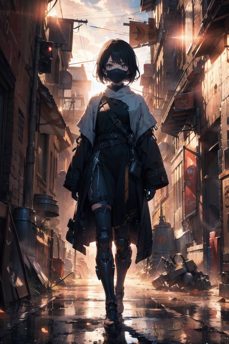 atmospheric scene, masterpiece, best quality, (detailed face, detailed skin texture), (cinematic light: 1.1), full body, 1female, black hair, short hair, brown eye, fake eye, robotic rightarms, mask, 