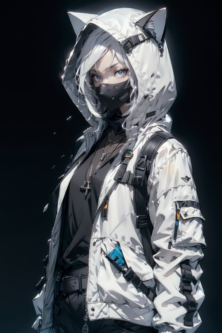 atmospheric scene, masterpiece, best quality, (detailed face, detailed skin texture), (cinematic light: 1.1), High detailed, Color magic, 1female, long hair, white hair, blue eyes, SuiseiSchool, white jacket, hood up, ((cat hood)), (open jacket), 
holster, handgun, hornet, black mask, necklace, urban techwear, simple_background, plain background,