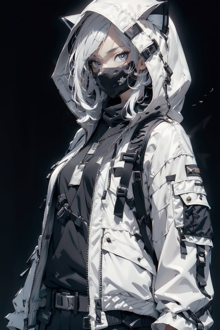 atmospheric scene, masterpiece, best quality, (detailed face, detailed skin texture), (cinematic light: 1.1), High detailed, Color magic, 1female, long hair, white hair, blue eyes, SuiseiSchool, white jacket, hood up, ((cat hood)), (open jacket), 
holster, hornet, black mask, necklace, urban techwear, simple_background, plain background,