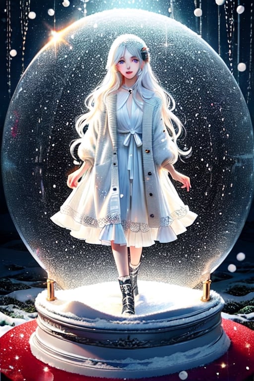 A 20-year-old woman with long white hair was wearing a white dress.,glitter,shine eyes01,Snow Globe