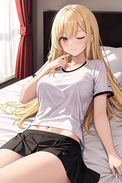 Masterpiece, masterpiece.
A 20 year old woman with long yellow hair is lying on a bed with her eyes closed wearing a white short sleeve top and black skirt.
A large hotel bed is in the background.