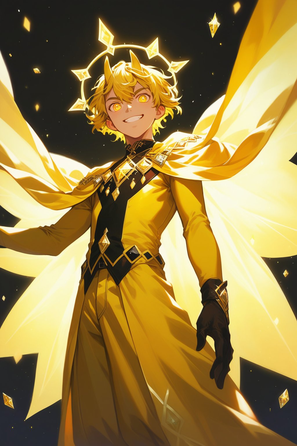 masterpiece, high quality, ((illustration)), solo, 1boy, yellow clothes, social clothes, horns, yellow horns, diamonds, black background, lightings, yellow lightings, long clothes, smile, dynamic pose, overcoat, detailed clothes, look at viewers, lighting crown, (psicopath face), yellow eyes, bright eyes, glowing, from bellow, glowing eyes, bellow view, flying,score_9,score_8_up,score_7_up,source_anime