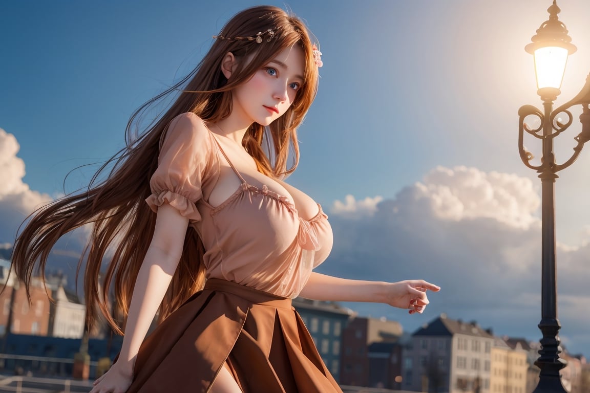 20yo, beautiful eyes, glowing eyes, blush, long hair, floating hair in air, brown hair, hair ornament,german girl, full_body, 1girl, see through shirt, skirt, random pose ,gigantic breasts:1.7,breasts,Enhance