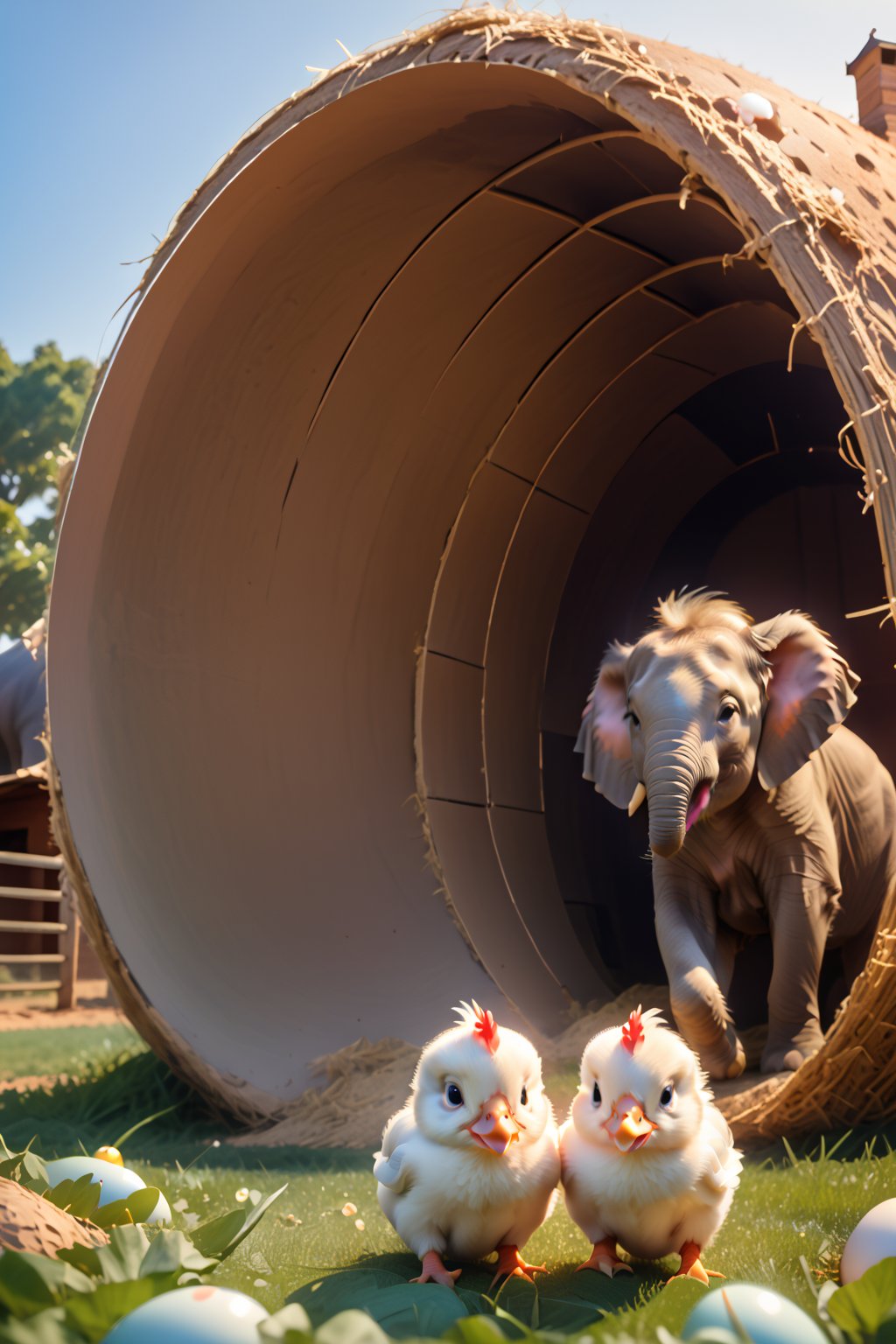 a surprised chicken watches as her egg hatches and a baby elephant emerges from the egg, farm backdrop,