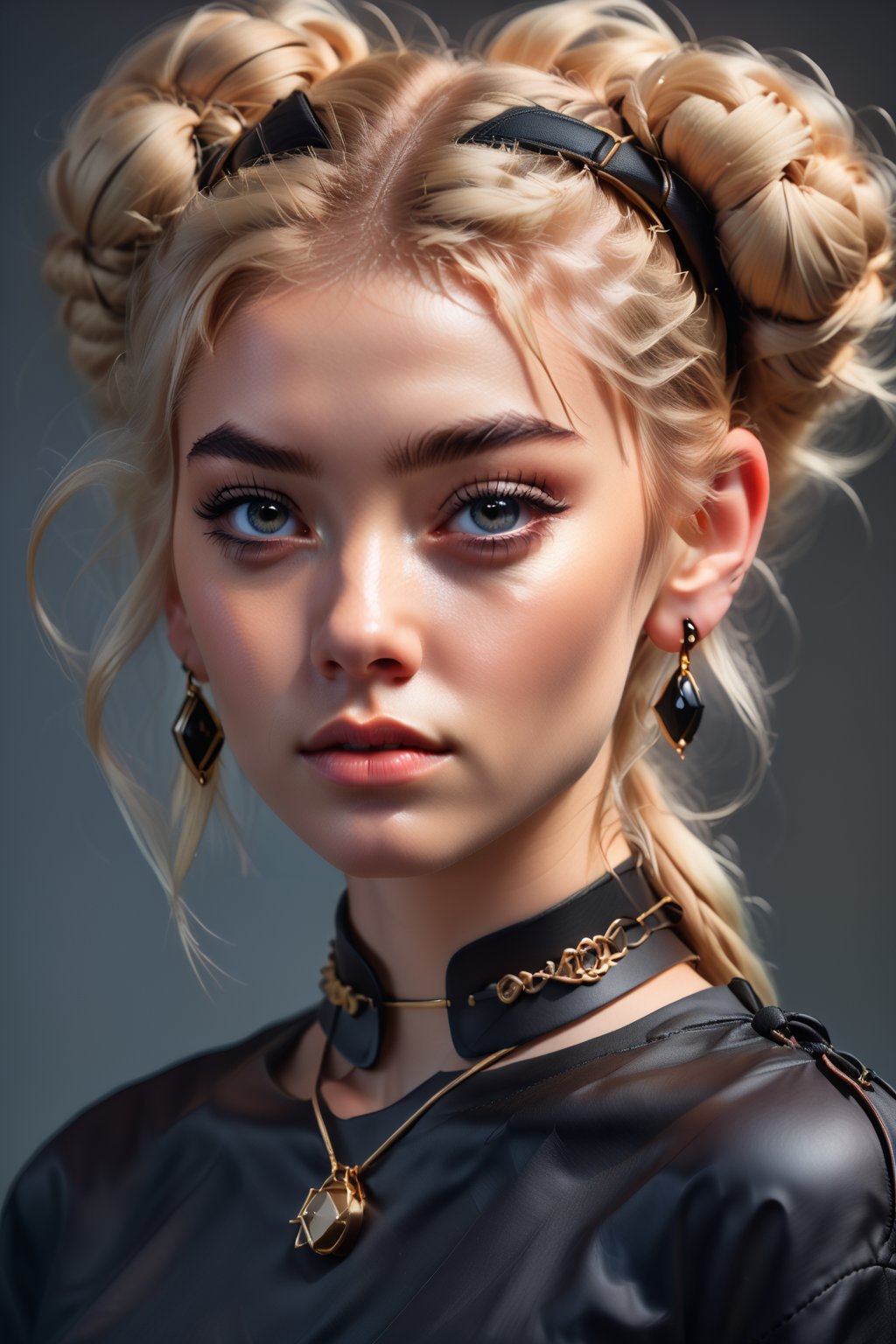 A woman with blonde hair is wearing a black shirt that says, "Ai Art Vision" on the front. She has a black choker around her neck and earrings hanging from her ears. Her hair is styled in two buns that are tied back with black bands. She is wearing dark colored eyes and has a serious look on her face.