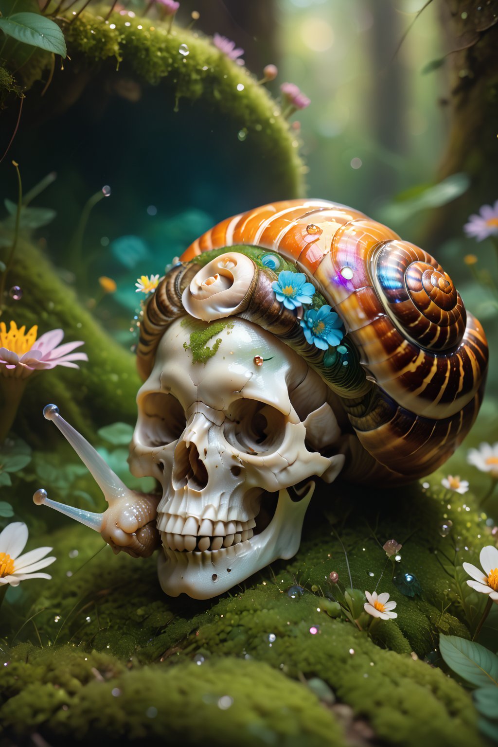 A close up of a snail with a human skull shell, mossy, flowers, colorful,  sparkling