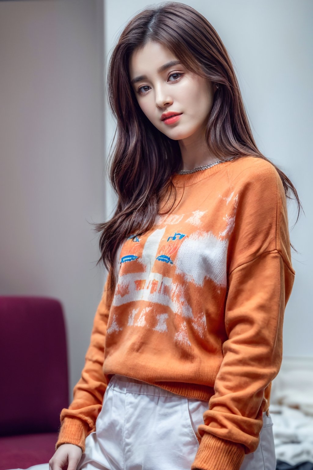 1girl,momoland nancy, photo of a beautiful woman, in a (small room:1.2), wearing an (orange-sweater:1.2), (8k, RAW photo, best quality, depth of field, ultra high res:1.2), (absurdres, intricate, photorealistic, masterpiece, ultra-detailed:1.3)