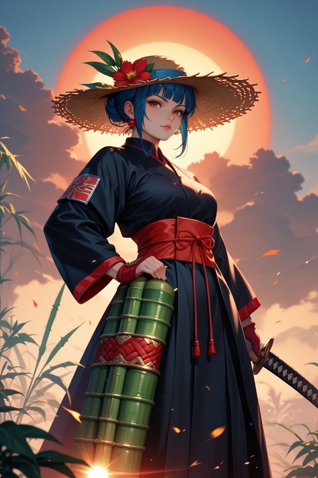 score_9,score_8_up,score_7_up,
hyper detailed,4k,masterpiece,samurai robot warrior,wearing large traditional straw hat,glowing red eyes,dark silhouette,detailed armor with technological elements,flowing tan and black robes,holding a katana,red sun setting in background,silhouette of bamboo plants,smoky misty environment,