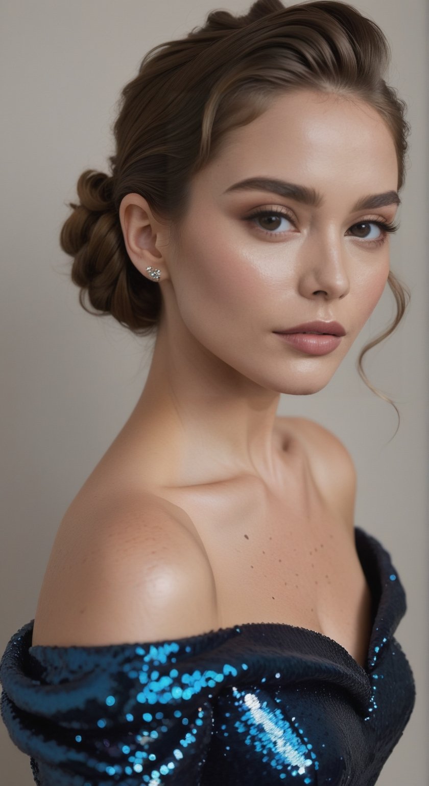 An image of a woman offering a sophisticated over-the-shoulder look towards the viewer. Her body is turned to the side, and she turns her head to make eye contact with the camera. Her left hand touches her cheek, with her thumb resting on her chin. Her hair is styled in an updo with soft tendrils by her face. She has freckles across her nose and cheeks, and her makeup highlights her eyes and lips subtly. She wears a dark off-the-shoulder dress with sequined accents on the neckline and sleeves.
