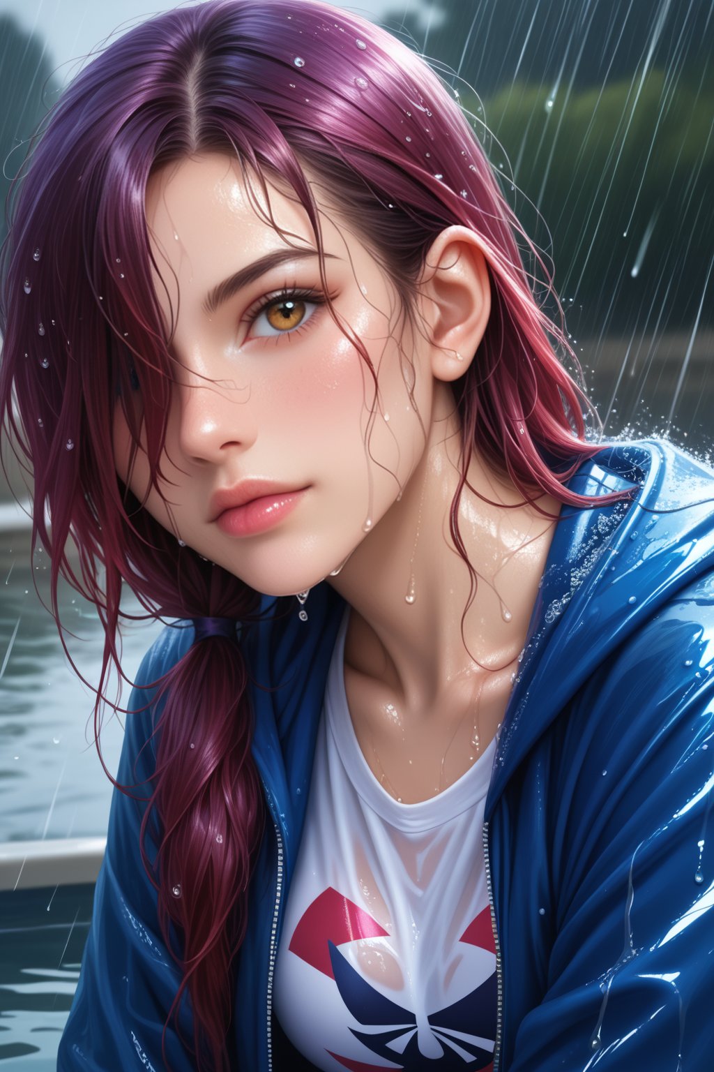 Extreme realistic depiction of a Wet Beauty Under Night Rain, in upper body shot, curvaceous glamorous body, hair hair over one eye,  extremely wet, realistic wet skin texture, realistic wet clothing heavy rain, realistic fabric texture, casual shirt and a spider-man hooded jacket,  crop top, adjusting her wet hair, head tilted slightly down.

Show a few wet hair flyaways around her face, catching the light and adding a natural, slightly messy look.detailed iris patterns in her eyes, with subtle color variations and a bright highlight, glossy texture to her nails, with soft reflections and a natural curve, adding to the overall wet appearance.

Leaning forward slightly with her hand resting on her chin, looking straight ahead with a thoughtful expression.