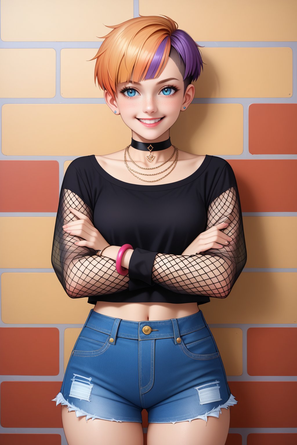 vintage photography of a not skinny woman as a ((wrestler)) with ((pixie cut hair)) wearing a (bracelet),  dressed in black crop top,  deep neckline,  long sleeves,  denim shorts,  frayed hem,  black bralette,  multiple straps,  sheer sleeves,  mesh pattern,  choker necklace,  high-waisted shorts,  button closure,  neutral-colored wall,  indoor setting,  minimalistic decor,  arms crossed,  slight smile,  looking away,  frontal view,  eye-level,  centered subjects,  inside a virtual reality dive bar,  colors,  cinematic sensual,  8k,  (bilaterally symmetrical:1.2),  shot on Sigma fp with Sigma 45mm f-2.8 DG DN,  photo by Jamie Baldridge 