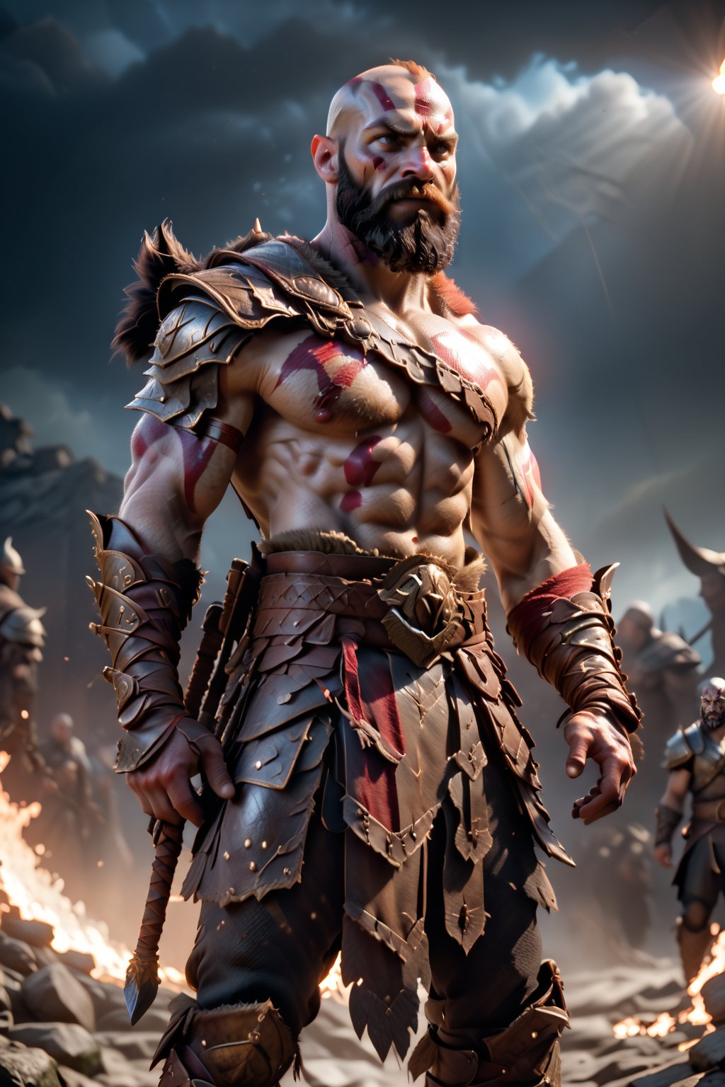 A hyper-realistic cinematic photograph of Kratos from God of War, standing firmly with his arms crossed. He is dressed in armor and depicted in all his battle-worn glory. The background is a dark and gritty battlefield with dramatic lighting, casting sharp shadows and highlighting his muscles and armor. photography, shadows, raw photo, detailed, realistic, photograph, cinema quality