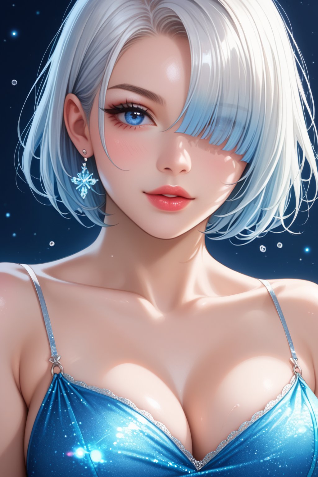 A hyper-realistic close-up of a short haired woman with icy white hair with hair over one eye,  and pale, flawless skin. Her eyes are bright light blue, almost glowing, with digital patterns reflecting in them. Her lips are a glittering light pink, glossy and perfectly shaped. The background is an abstract, digital landscape, with soft gradients and blurred shapes, creating a dreamy, otherworldly atmosphere.

semi-transparent fabric layers that cling to the skin, creating a subtle, alluring effect with the water enhancing the texture.

realistic shine to the hair, with soft highlights following the natural flow and texture. Add subtle variations in color and thickness for a more dynamic look. soft, glossy texture to the lips, with realistic reflections and subtle texturing to emphasize the natural folds and curves.

intricate details to the eyes, with a reflective, slightly glossy sclera and subtle shading to create depth. a delicate eyeliner with a soft wing, blending gently into the lash line to enhance the eyes without overpowering the natural beauty.

One hand resting lightly on her shoulder, eyes looking off to the side thoughtfully while her lips tightly closed
