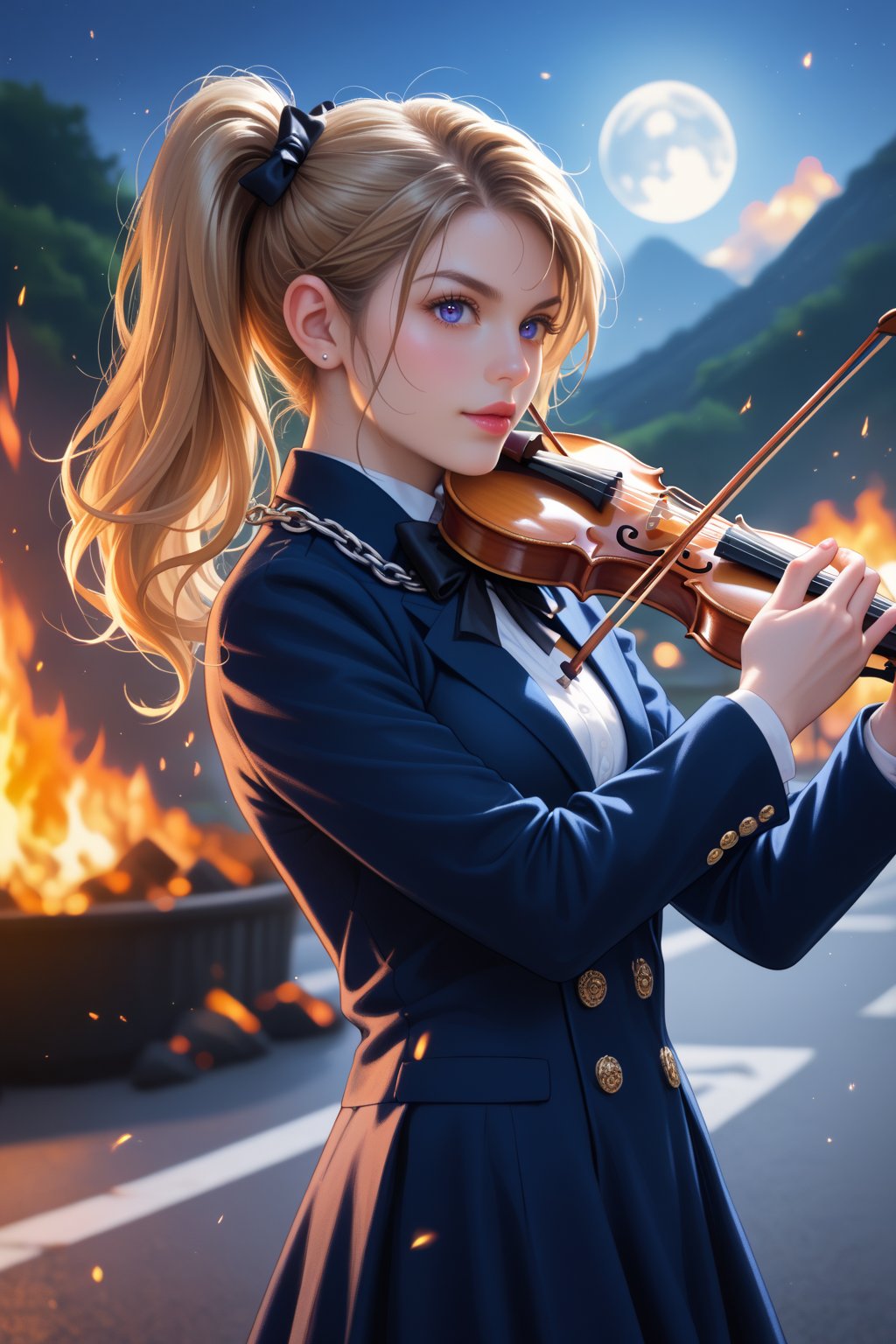 detailed, (realism 2d style).  Magic fire eyes, (Dark clothes make from net and chains), ((Located inside  destroying autobus)), ((She holding violin play melody)),  (ground covered poppy) (around destroying cars, burning volcano, night air)  Location: postapocalyptic lora  .
Detailed elements background, score_9, score_8_up, hight quality, good quality, rendered details. Hight resolution, good quality face.