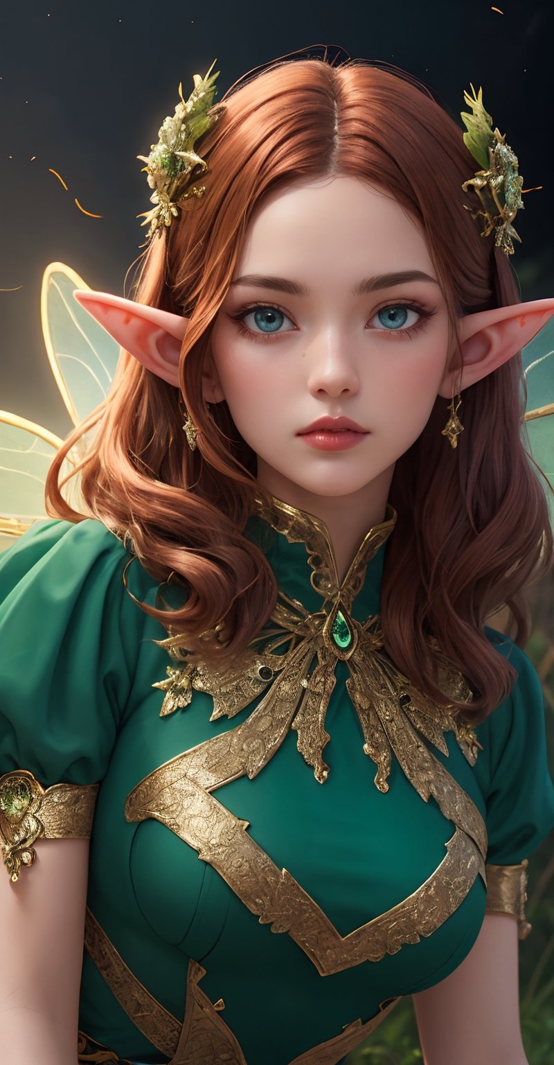 Wonderful beauty Elf fairy. She has an extraordinarily beautiful face, kneeling slightly to the side, touching the ground with both arms. Long light red hair. Red eyebrow. Green feathery antennas on its head. Big green eyes. Eyes and pupils should be symmetrical. Gorgeous beautiful elf fairy looking directly at the camera. Magnificent and transparent wings with silver filigree folds on them. Slim and elegant. Perfect posture. A long queue. Full red lips. Minimalist makeup look. Look at the camera. Light on your face. Close-up portrait. Centered image. Perfect pose. Dynamic pose. She wears a dark green gold filigree outfit with black tulle. Mossy ground, fireflies. Atmospheric. Admirable. Organic. Energetic. Volumetric light. Hyperrealism. Minimalism. Myth. Epic. Fantastic. Fantasy. Baroque. Pop surrealism. Photo realism. Surrealism.
Mossy ground, fireflies. Admirable. Flawless beauty. Rare beauty. Mysterious. A dreamy fairy tale. Storybook illustration. A masterpiece of small details. Sharp focus. Ultra detailed. Perfect synchronization of soft colors and vivid colors. 60-30-10 rule. The image must have a mysterious look and an incredible masterpiece quality. Ultra detailed. Soft palette. Transition from tone to tone. Super details. Pay close attention to small details. Ultra-fine details that capture every texture. The macro should provide details. Super detailed texture. Realistic texture design. Luxury details. It must be absolutely perfect. Cinematic effects must be applied. The proportions of objects must match the aspect ratio of the screen. It must be UHD (Ultra High Definition format). 3-DIMENSIONAL. Hdr. High quality. 32k Ultra HD, ultra realistic. 35mm Fuji Film. Greg Rutkowski style.