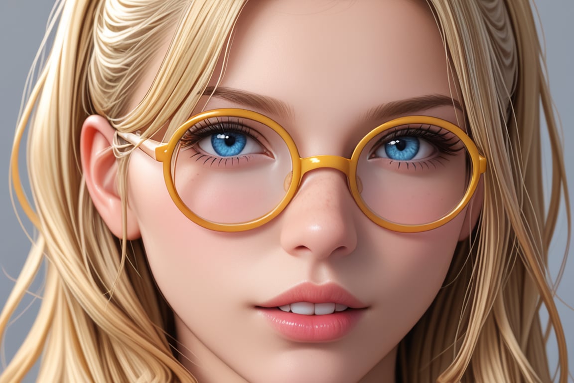 female, solo, feral, glasses, hair, teeth, blue_eyes, looking_at_viewer, mammal, blonde_hair, hi_res, eyelashes, eyewear, headshot_portrait, digital_media_(artwork), 3d_(artwork), 1girl, looking at viewer, round eyewear, realistic, lips, portrait, blue eyes, parted lips, close-up, signature, yellow-framed eyewear, grey background, artist name, nose, blonde hair