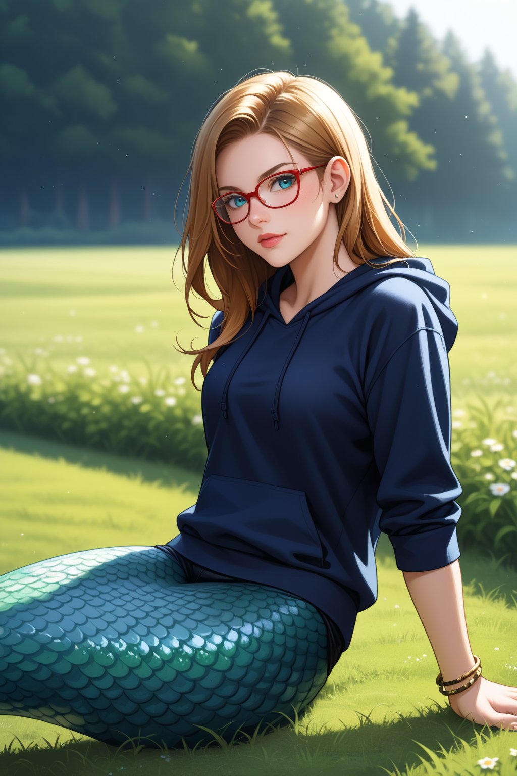 a flabby young woman as a ((merfolk ambassador)) with ((pompadour hair)) wearing a (bracelet),  dressed in black sweatshirt,  cartoon graphic,  glasses,  light shorts,  casual style,  solid teal backdrop,  soft shadows,  no other subjects,  sitting down,  casual posture,  vertical orientation,  natural lighting,  eye-level shot,  within a digital data fortress in cyberspace,  shallow depth of field,  multi-colored lighting,  big depth of field,  dramatic lighting   Animation art by André Masson 