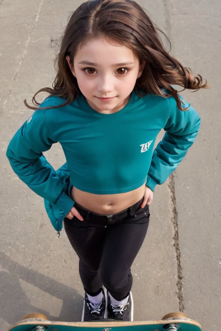Masterpiece, Top Quality,  cinematic composition, sharp, details, hyper - detailed, hd, hdr, 4 k, 8k, detail XL,High, ((full shot 1:4)).
Generate an image of a young (((13 years old 1:5))) human female, very beautiful eyes, (((Perfect face))), perfect eyes, She should be depicted in white skin, (brown eyes 1:3), long black hair, thin body.
The female's appearance should reflect her youthful blushing curiosity, timid slight smile, orgasm face, pain face, enjoying face, (seen from a side 1:2), (wide open legs 1:2), suggestive look.
Full girl body image, (flatchested 1:6), (flat stomach), small round ass, (show full body), naked legs, body_blush, she is skating on a skate board, wide open legs, 
She is slim, narrow hips, she is wearing a teal puffy jacket.