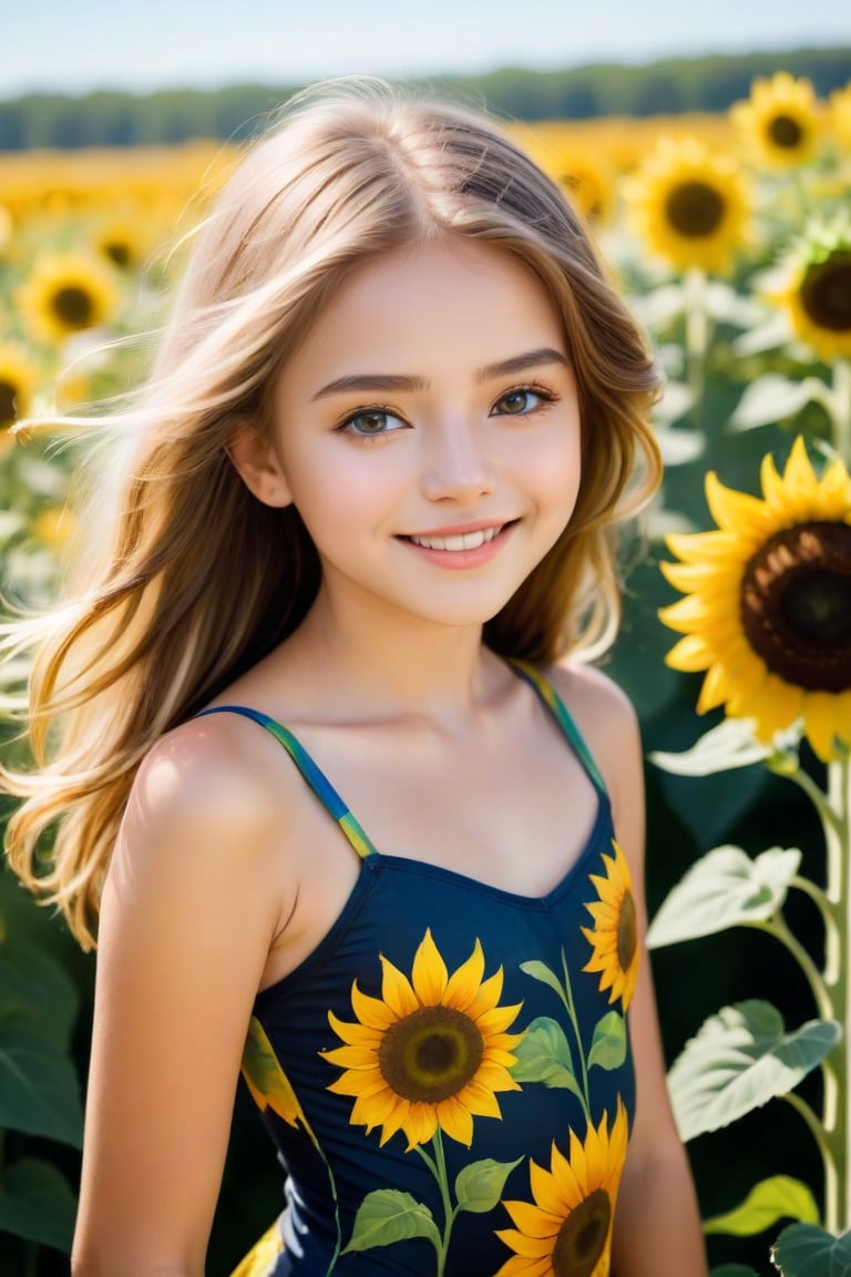 A preteen dream, a tween girl with an alluring charm, posing in a sunny meadow, her sweet smile drawing the viewer's gaze. Her well-formed body is highlighted by a gentle breeze rustling her hair as she gazes off into the distance, exuding innocence and curiosity.
Sunflowers bodypaint.