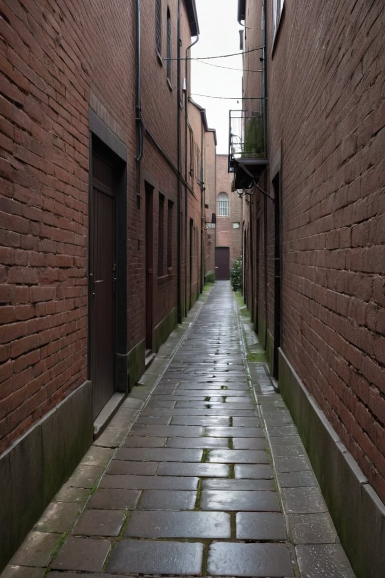 Masterpiece, Top Quality,  cinematic composition, sharp, details, hyper - detailed, hd, hdr, 4 k, 8k, detail XL,High, ((full shot 1:4)).
Generate an image of an alleyway.