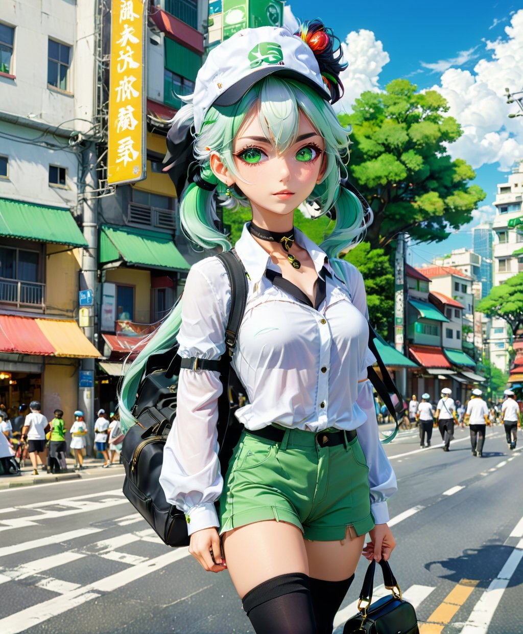 masterpiece , best quality,nahida(genshin impact), 1girl , white shirt:1.5 ,side ponytail ,white hair ,multicolored hair, green eyes,casual outfit , hat , black choker, bag , green hair,busy road , city life