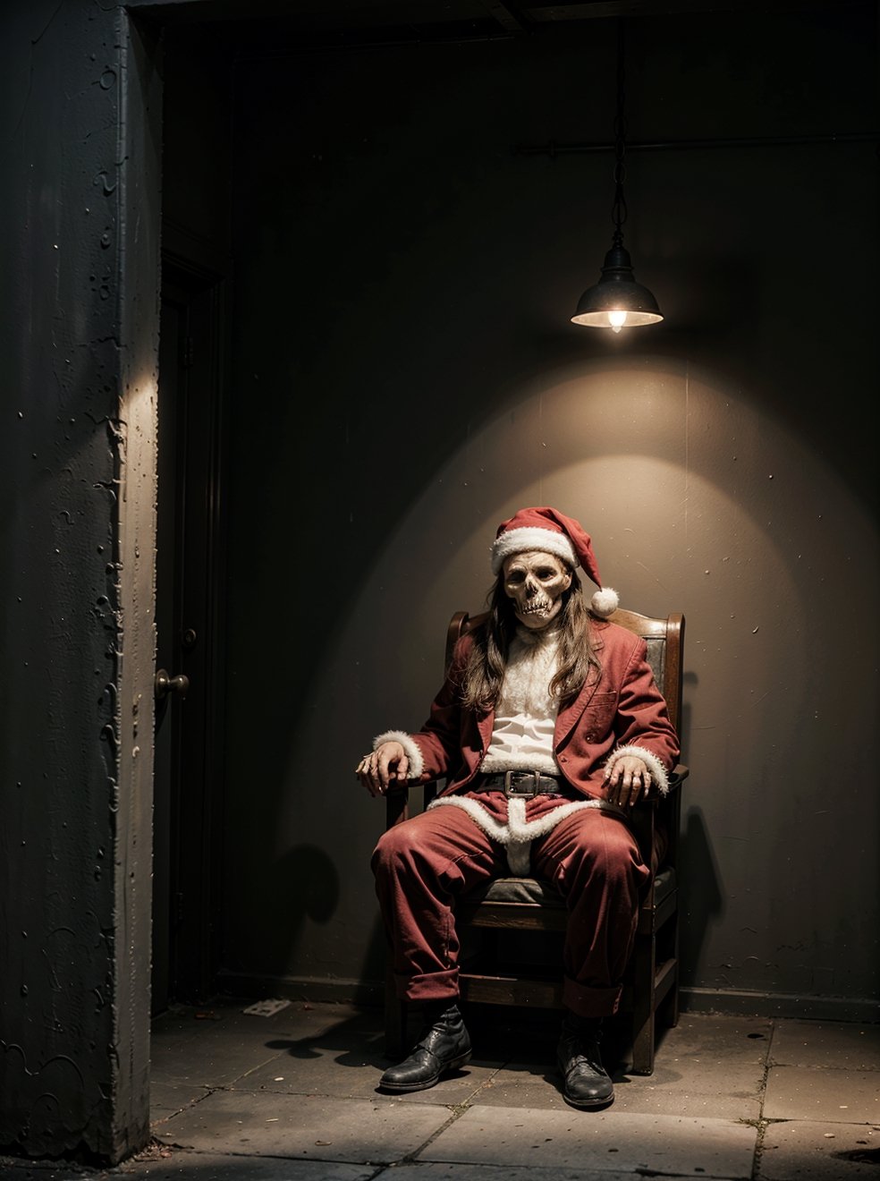 Recessed in a gloomy room, Santa Claus, surrounded by his elves, holds his gifts in bags, on the throne of the mafia. Gifts stolen from rich houses lie on the floor, and pictures of scenes of immoral revelry hang on the walls. The Christmas tree represents audacity - decorated with bones, skulls and dark lights, an atmosphere of mystery. Dark place, modelshoot style